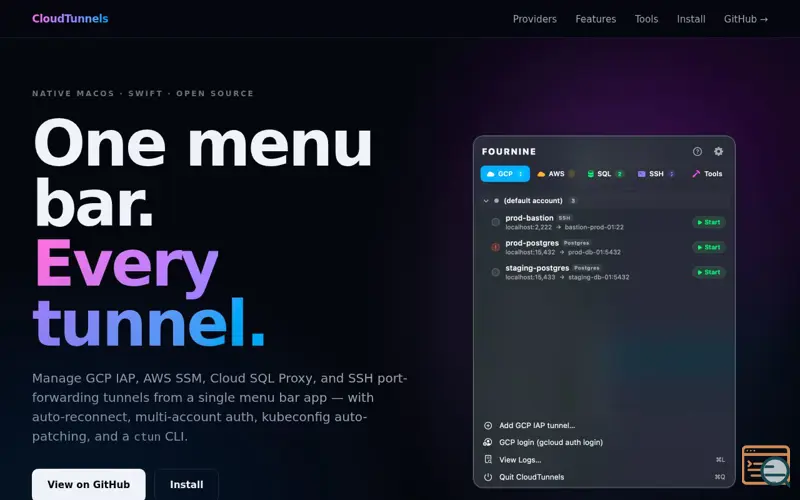 Screenshot of CloudTunnels-One menu bar. Every tunnel.