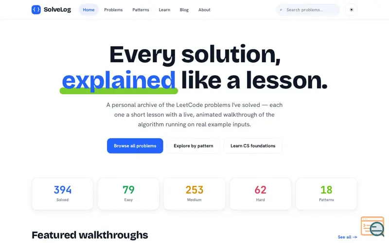 Screenshot of LeetCode Solutions Explained — 187 Problems with Animated Walkthroughs