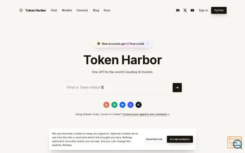 Screenshot of Token Harbor - One API for the world's leading AI models, a launch using DuckDuckGo