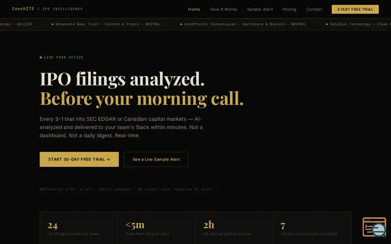 Screenshot of IPO Intelligence Feed — ConchITS