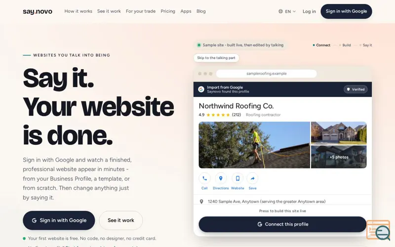 Screenshot of Saynovo - Say it. Your website is done.