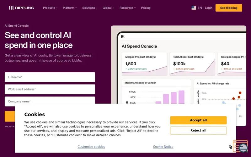 Screenshot of AI Spend Console by Rippling, a launch using Crunchbase
