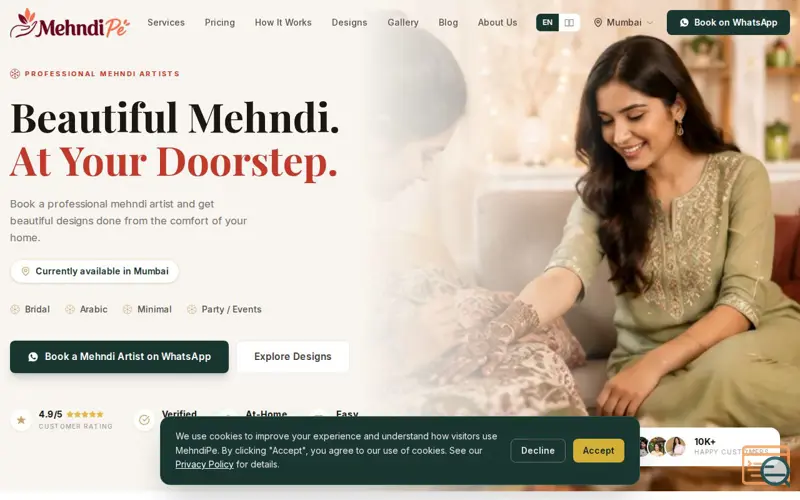 Screenshot of Mehndi at Home in Mumbai | Bridal & Party | MehndiPe