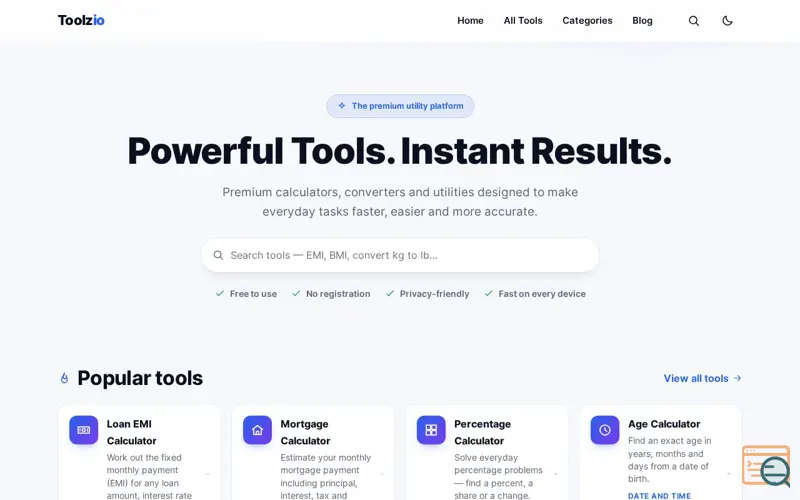 Screenshot of Toolzio - Fast, Free Tools & Calculators