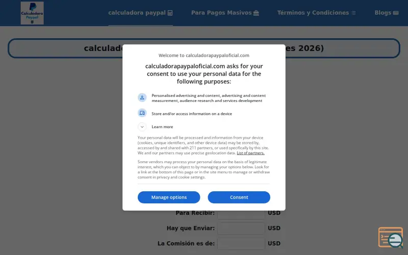 Screenshot of calculadora paypal
