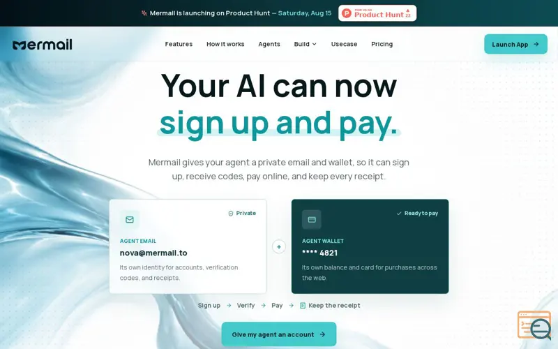 Screenshot of Mermail | Privacy-First Email Inboxes for AI Agents