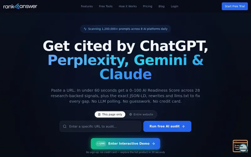 Screenshot of Rank As Answer – GEO AI SEO, a launch using StackBlitz WebContainer