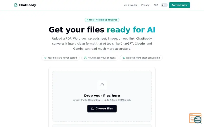 Screenshot of ChatReady — Get your files ready for AI