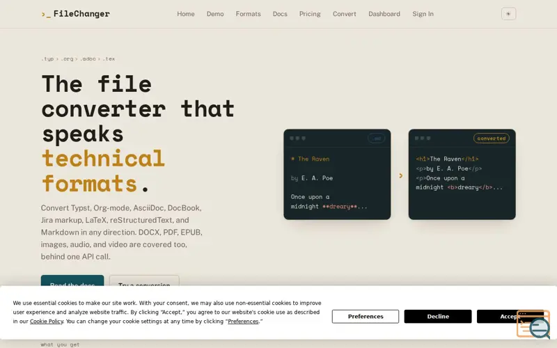 Screenshot of FileChanger - Convert Typst, Org-mode, AsciiDoc, LaTeX & More via API