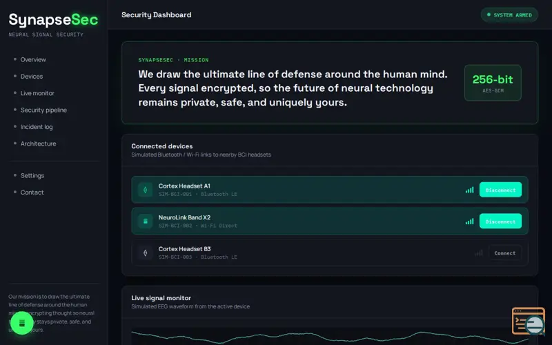 Screenshot of SynapseSec — Neural Signal Security 