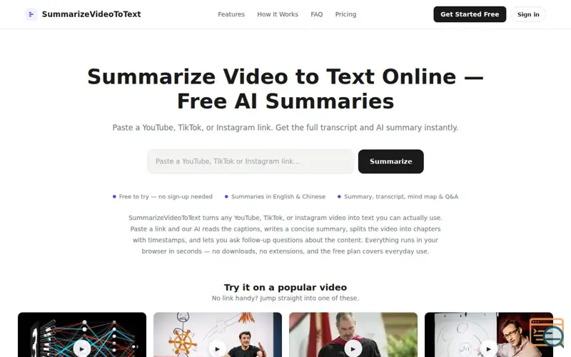 Screenshot of Summarize Video to Text Online — Free AI Summaries