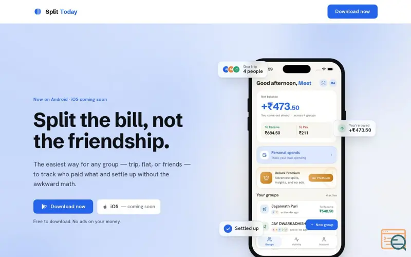 Screenshot of Split Today — split the bill, not the friendship