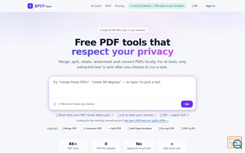 Screenshot of 1PDF.best, a launch using Nano Stores