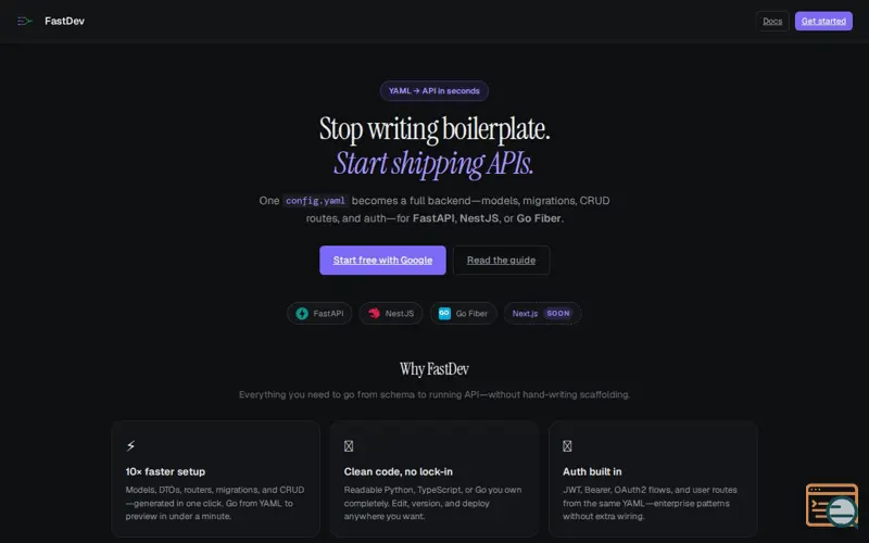 Screenshot of FastDev — API generator in minutes