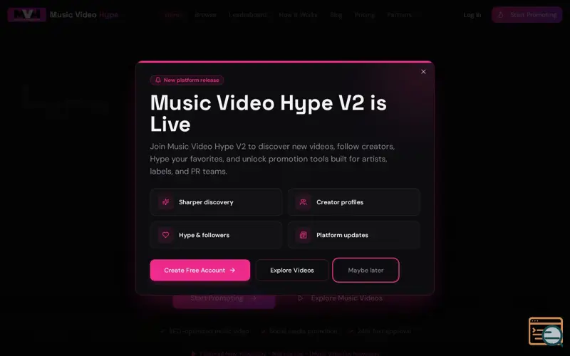 Screenshot of Music Video Hype, a launch using HostGator DNS