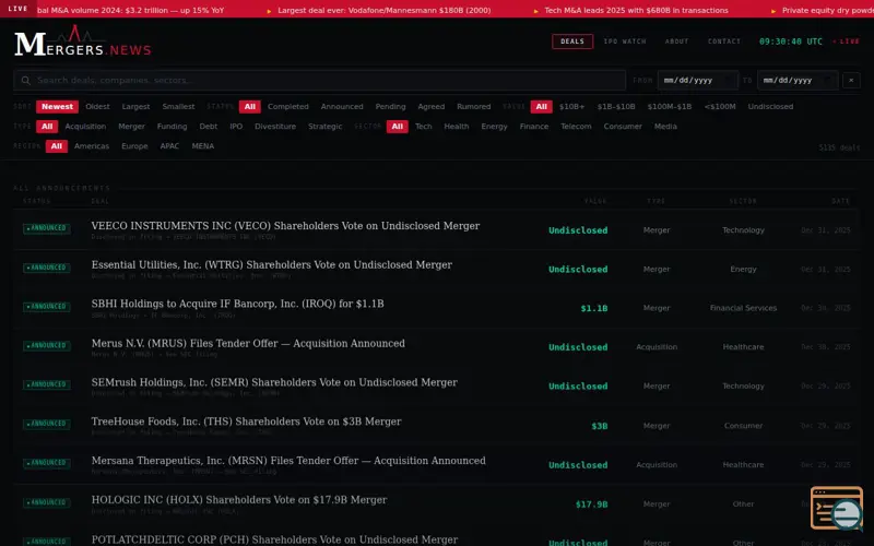 Screenshot of mergers.news