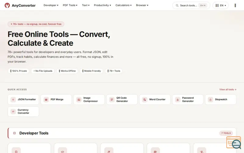 Screenshot of Free Online Converter Tools — JSON, PDF, Image & More | AnyConverter