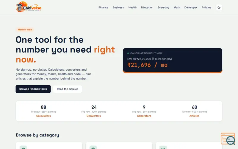 Screenshot of Calciverse — Free Online Calculators, Financial & Utility Tools (Calciverse.in)