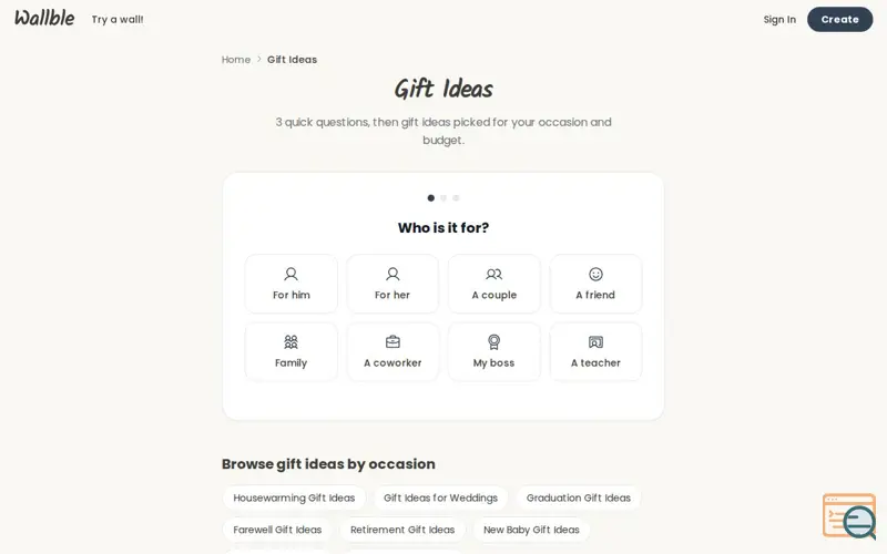 Screenshot of Gift Ideas Tool on Wallble