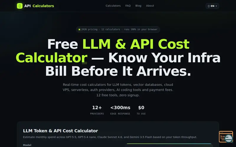 Screenshot of Free API cost calculators