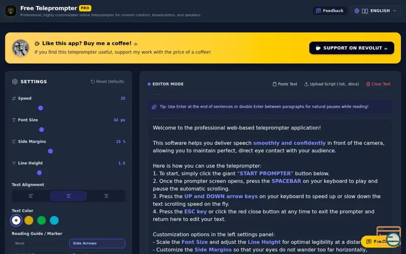 Screenshot of FreeProPrompter, a launch using WebspaceControl
