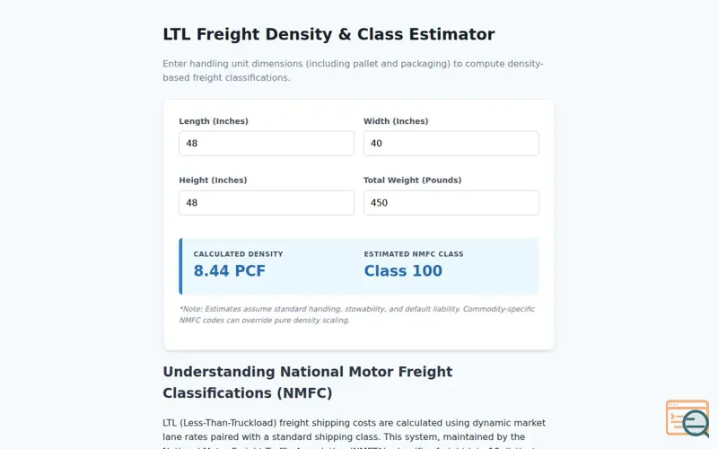 Screenshot of LTL Freight Density & NMFC Class Estimator