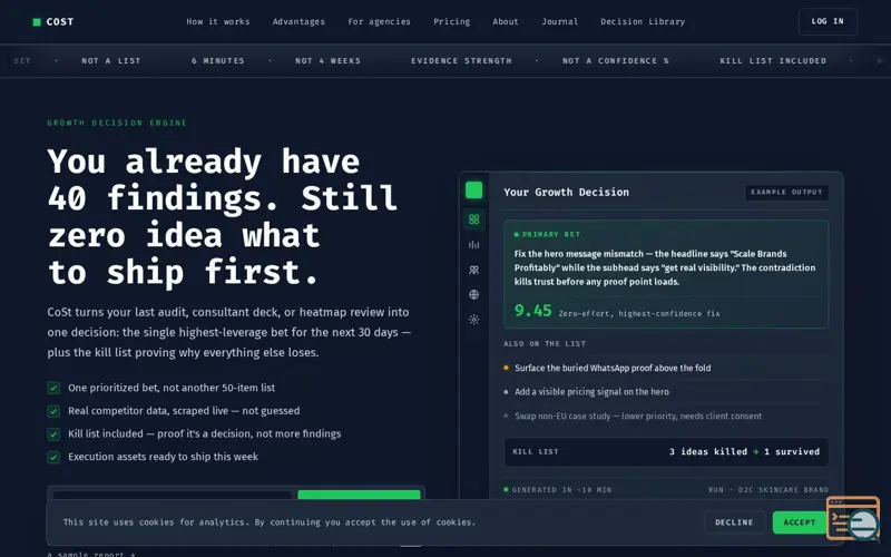 Screenshot of CoSt — AI Growth Decision Engine | CRO Analysis & Competitor Research