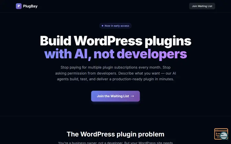 Screenshot of PlugBay: AI WordPress Plugin Builder, a launch using Amazon Linux