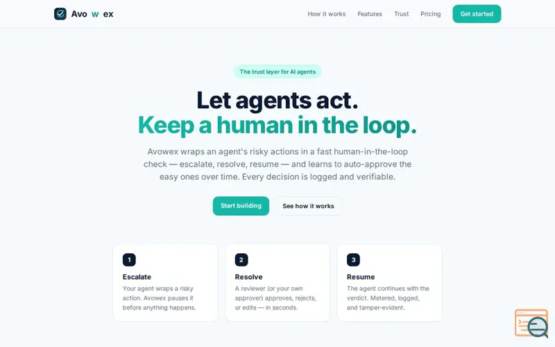 Screenshot of Avowex is the trust layer for AI agents.