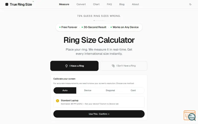 Screenshot of True Ring Size