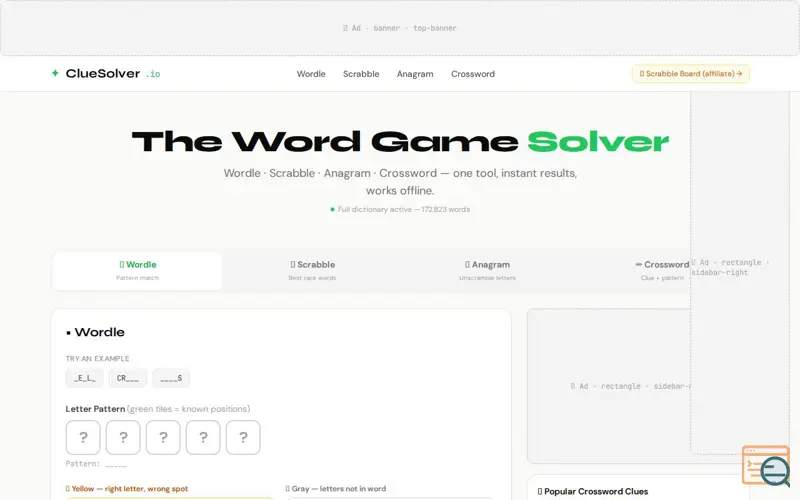 Screenshot of Wordle Solver, Scrabble Word Finder & Crossword Clue Helper — Free Tools | ClueSolver.io
