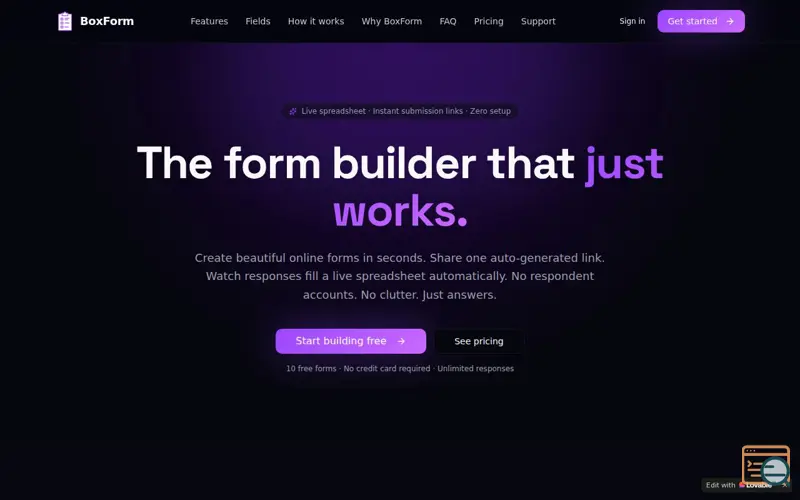 Screenshot of BoxForm, a launch using PageFly