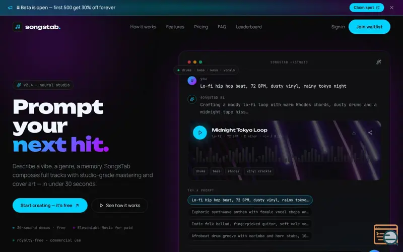 Screenshot of songstab