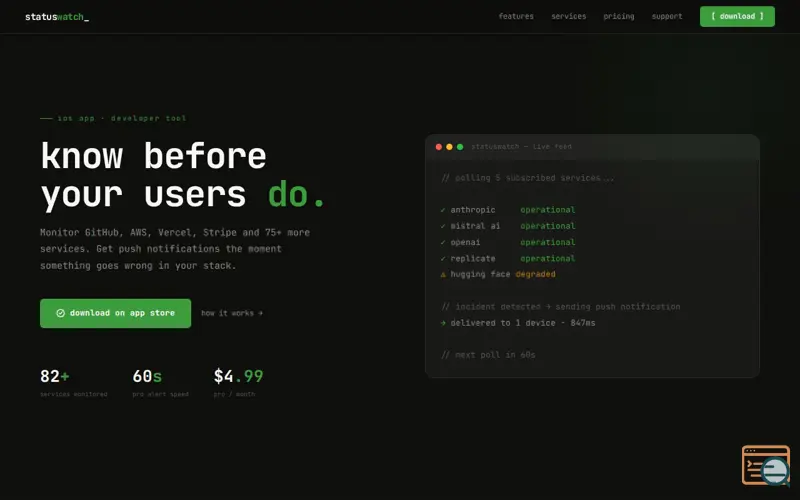 Screenshot of statuswatch — monitor your stack