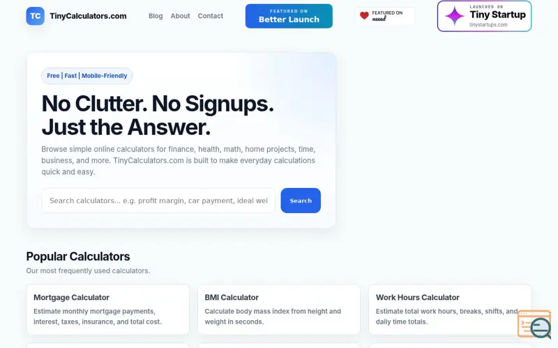 Screenshot of TinyCalculators.com