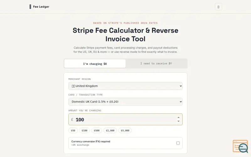 Screenshot of Stripe Fee & Reverse Invoice Calculator