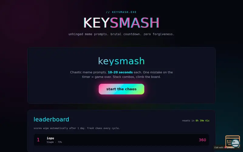Screenshot of KeySmash — chaotic typing under pressure