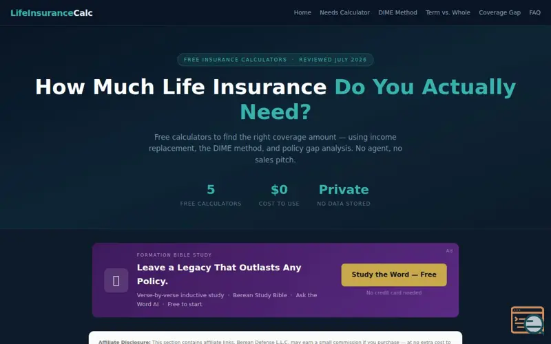 Screenshot of LifeInsuranceCalc, a launch using Sell With Boost