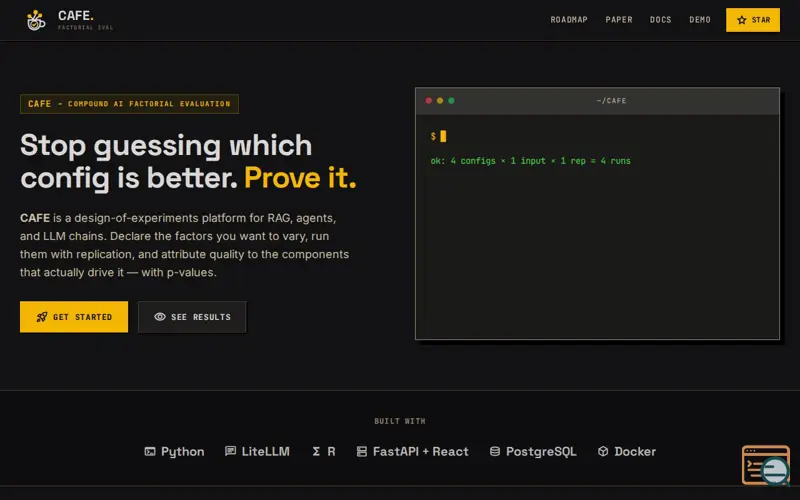 Screenshot of CAFE — Compound-AI Factorial Evaluation