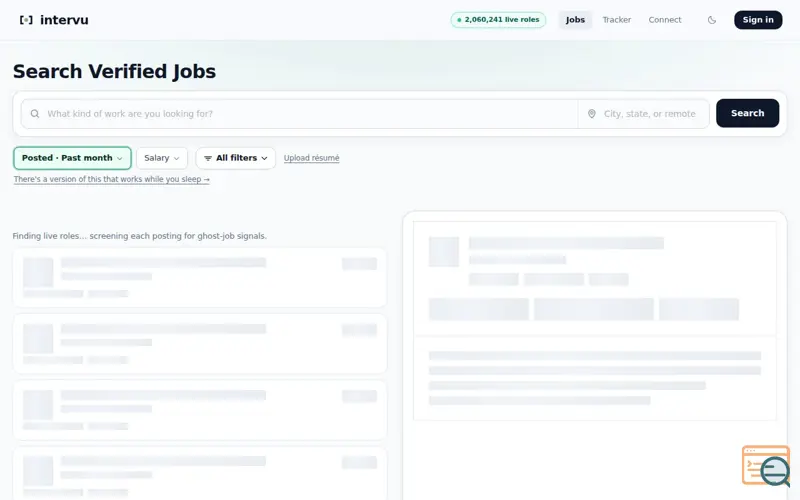 Screenshot of Intervu — live jobs, checked for ghost postings