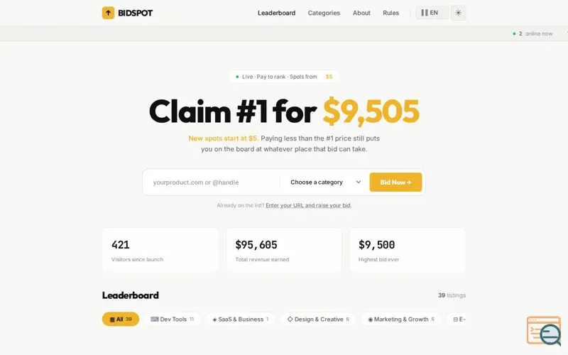Screenshot of BidSpot — Claim the Top Spot on the Internet's Leaderboard