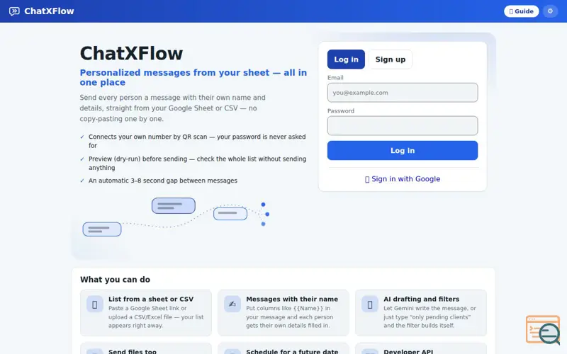 Screenshot of ChatXFlow — Personalized WhatsApp Messaging from Google Sheets & CSV