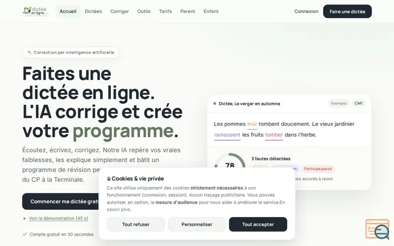 Screenshot of Dictée en ligne, L'IA corrige et crée votre programme