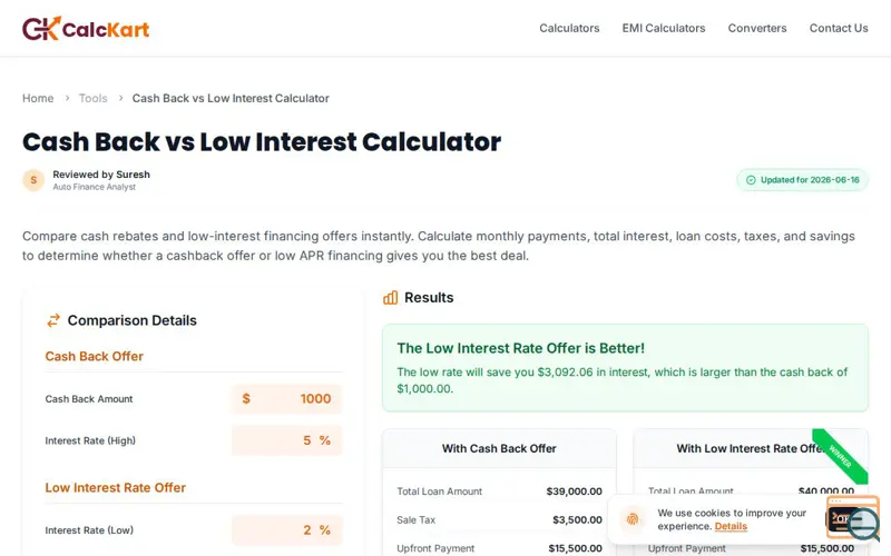 Screenshot of Cash Back vs Low Interest Calculator
