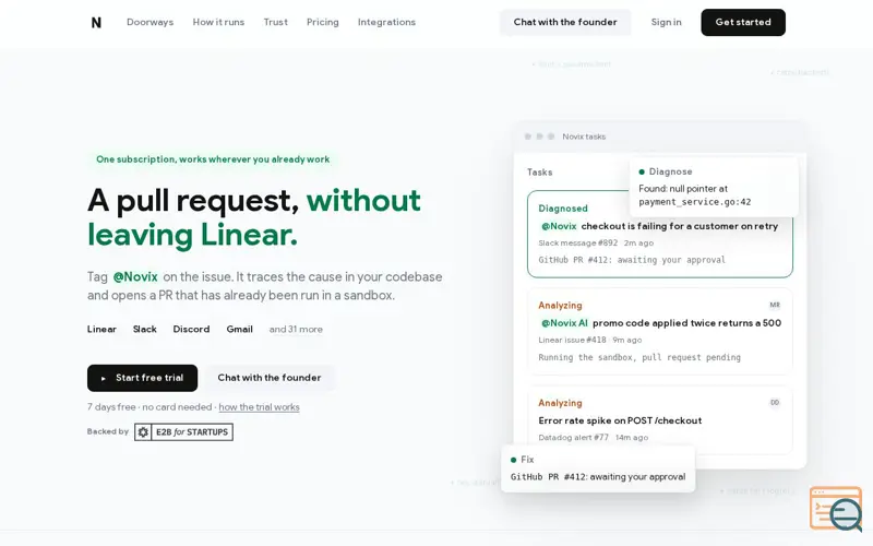 Screenshot of Novix: the AI support engineer that codes its own fixes