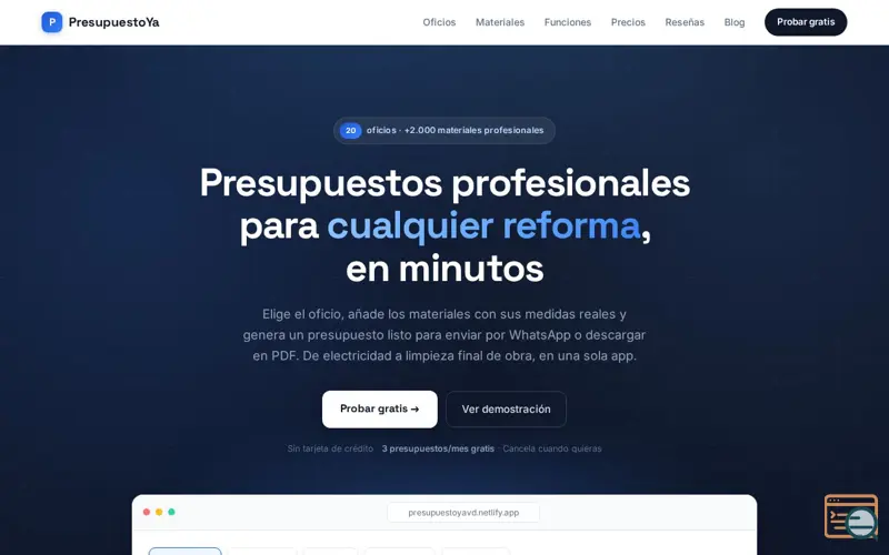 Screenshot of PresupuestoYa — Presupuestos profesionales para 20 oficios de la construcción