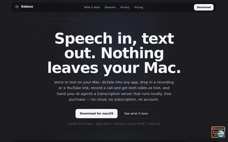 Screenshot of Kekoso — Speech in, text out. Nothing leaves your Mac.