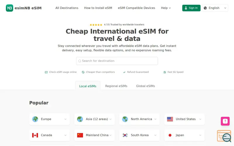 Screenshot of esimNB