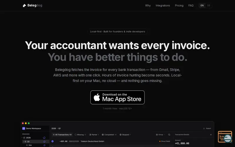 Screenshot of Belegdog — Every invoice found, matched & handed off