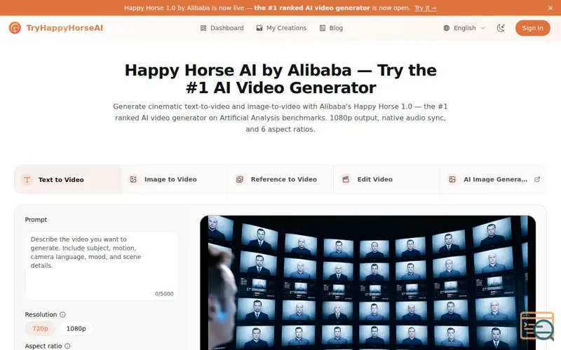 Screenshot of TryHappyHorseAI, a launch using Kie.ai